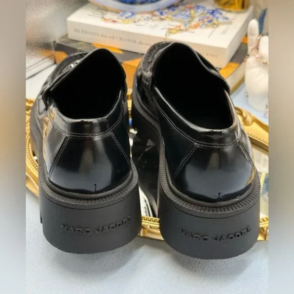 🆕 MARC JACOBS 🧿 NWOB The Frankie Logo-Plaque Platform Loafer, Black Sz 37 US7 - Picture 10 of 14